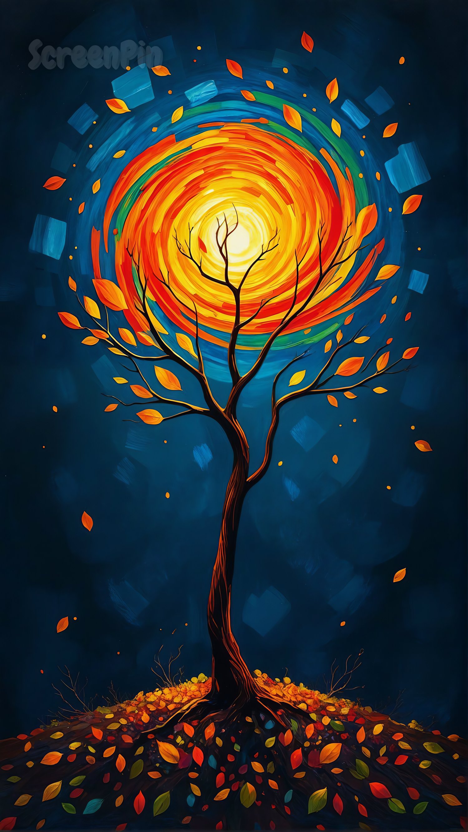 Digital painting of an autumn tree with burning red and orange leaves in a surreal landscape