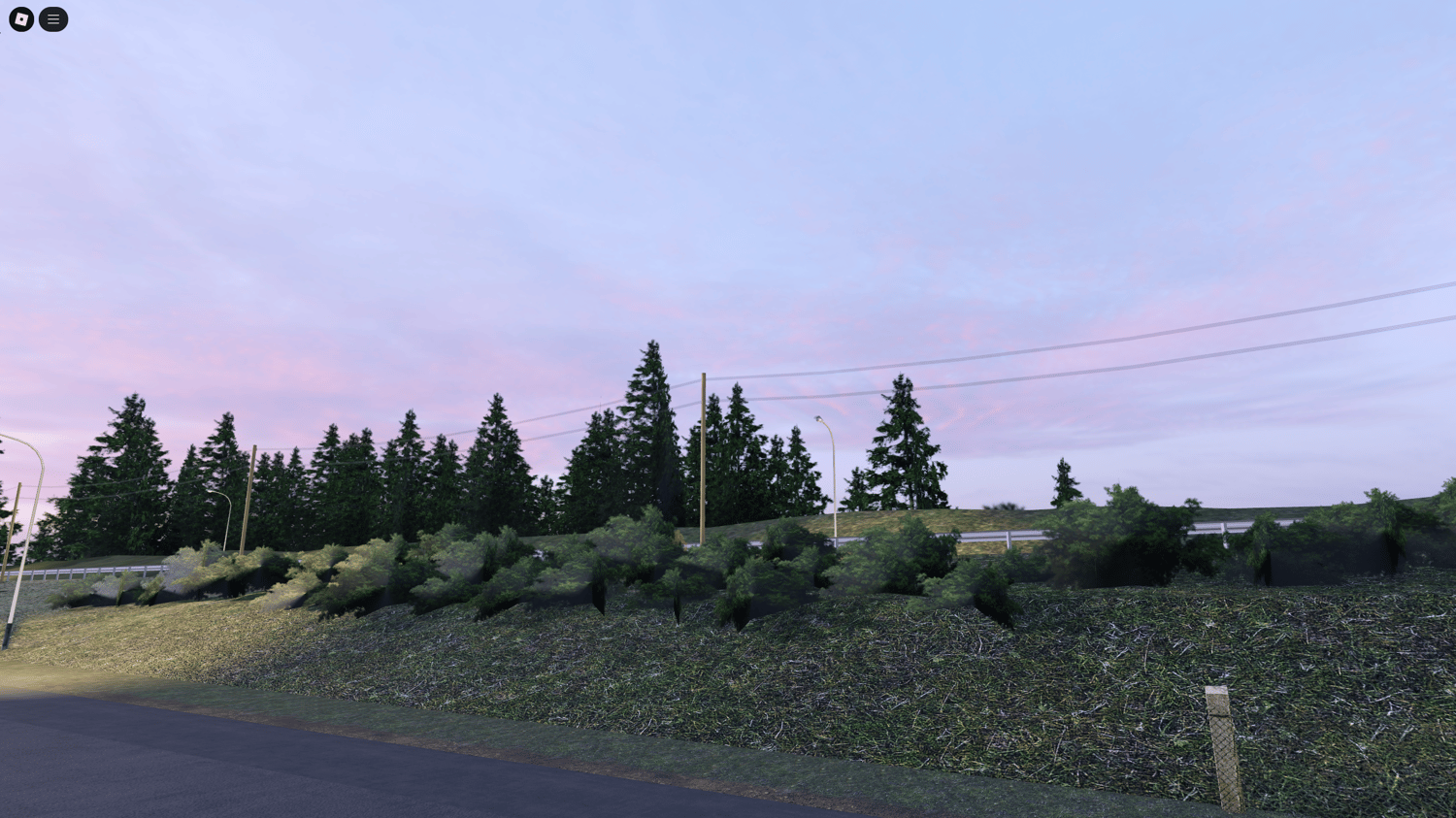 Twisting touge-style track surrounded by forests and sunset skies in a peaceful rural setting