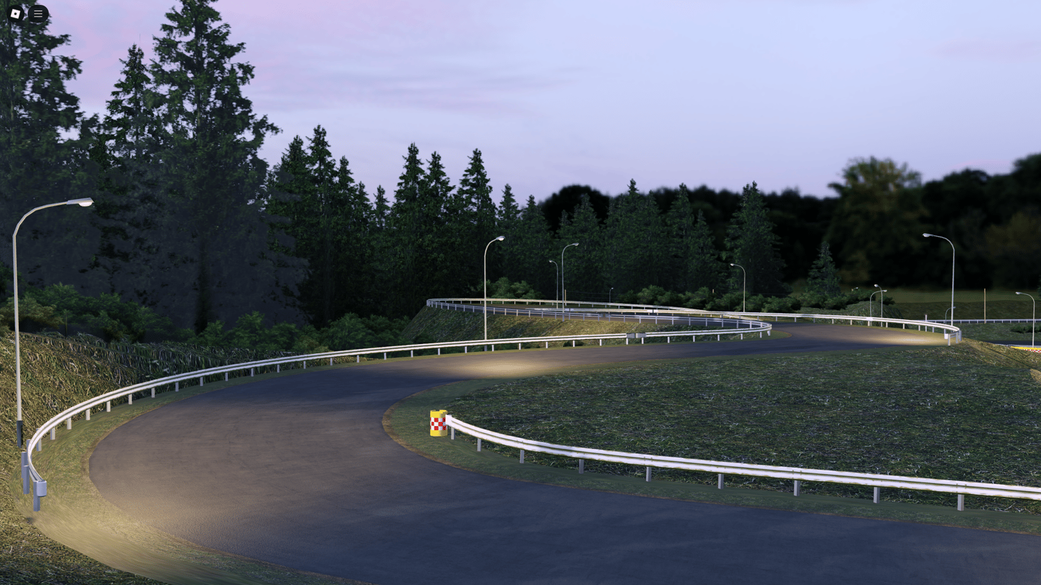 Sunset-lit driving course with detailed terrain, ideal for drifting or road test maps
