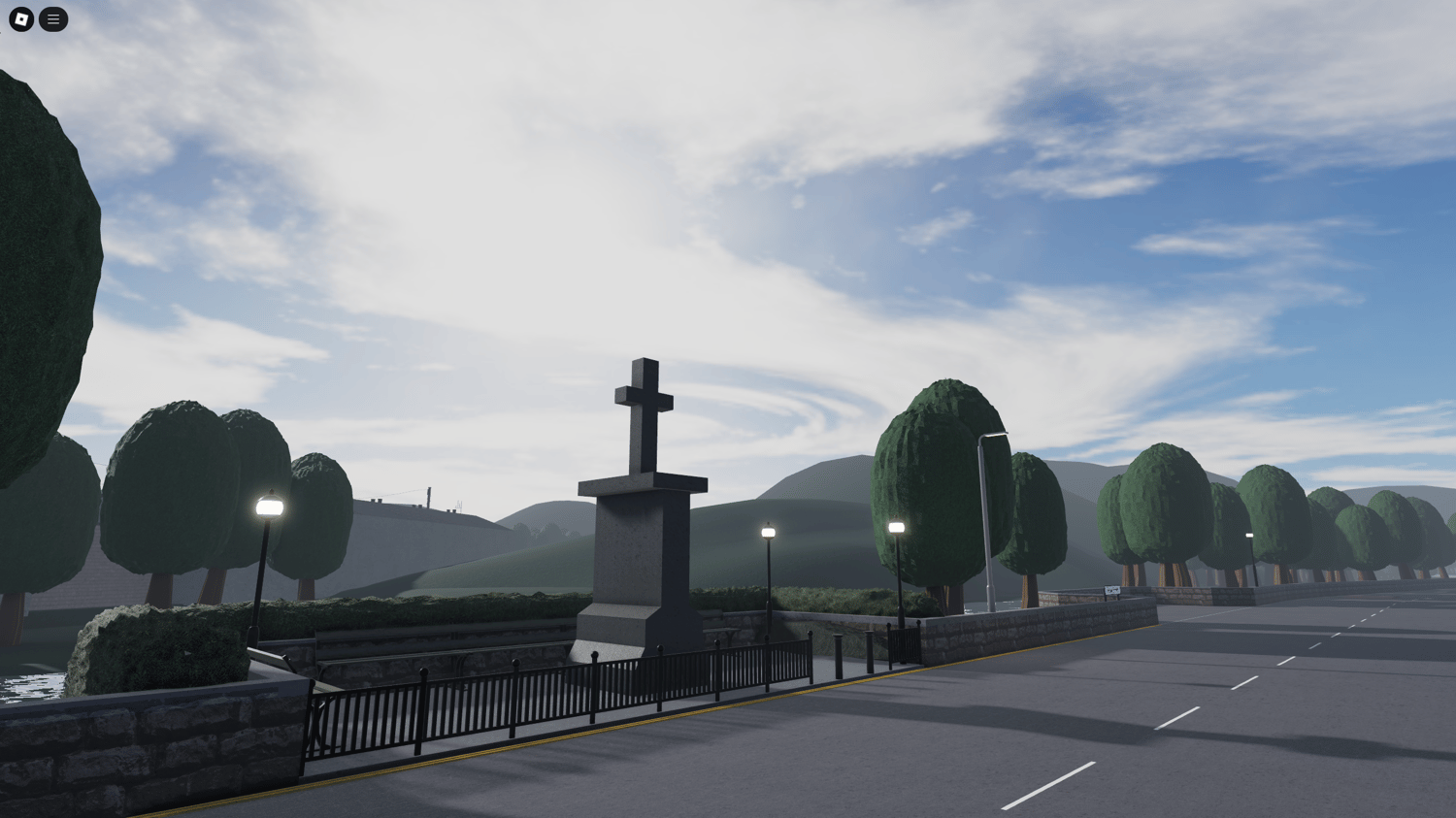 Open countryside road with hills and natural terrain