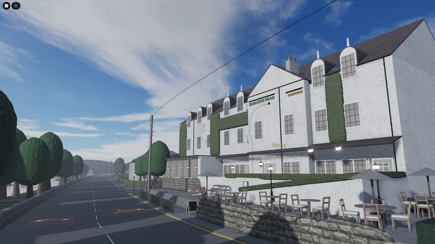 Town center with street signs, houses, and lighting details