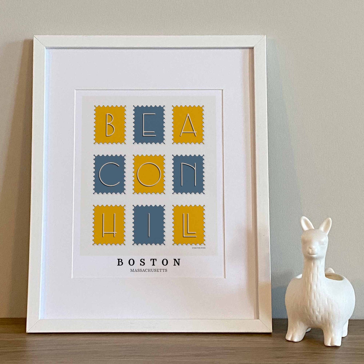 Beacon Hill neighborhood art print featuring art deco typography in a postage stamp–inspired layout.