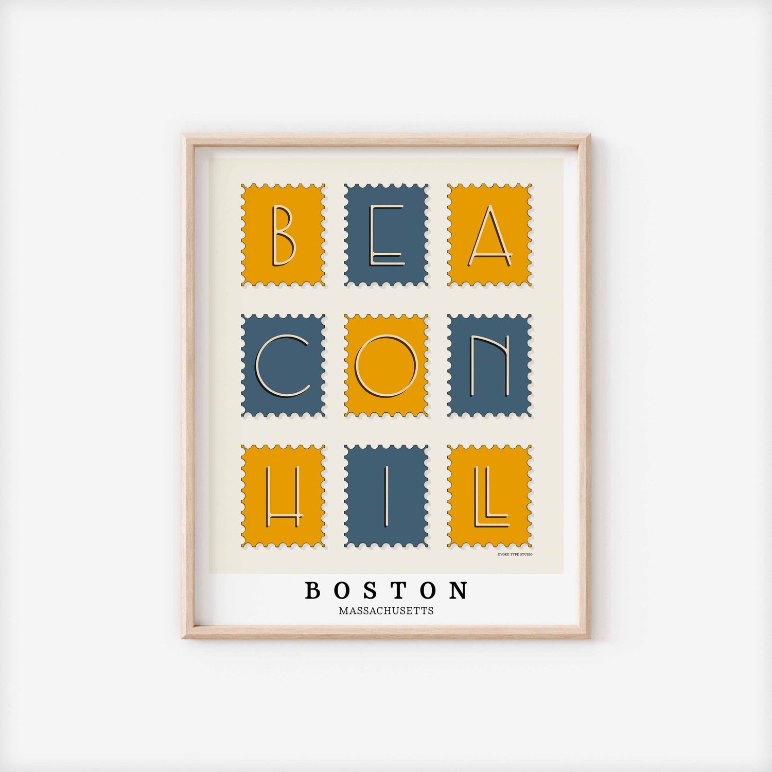 A framed picture of postage stamps featuring the Beacon Hill neighborhood in Boston, Massachusetts drawn in a unique lettering style. Artwork has a blue and yellow color scheme