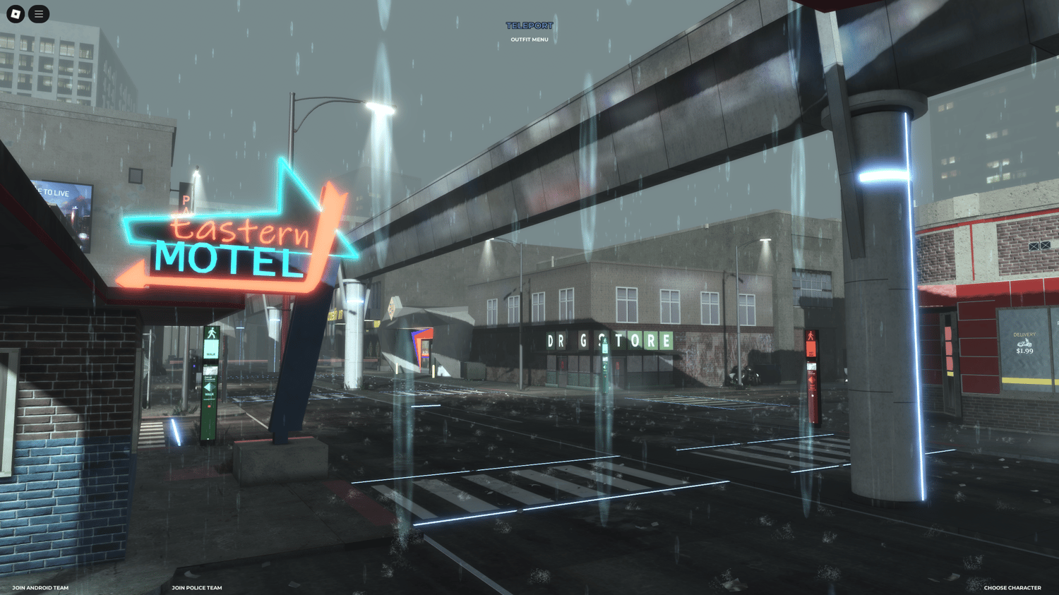 Futuristic car driving through neon-lit Detroit streets