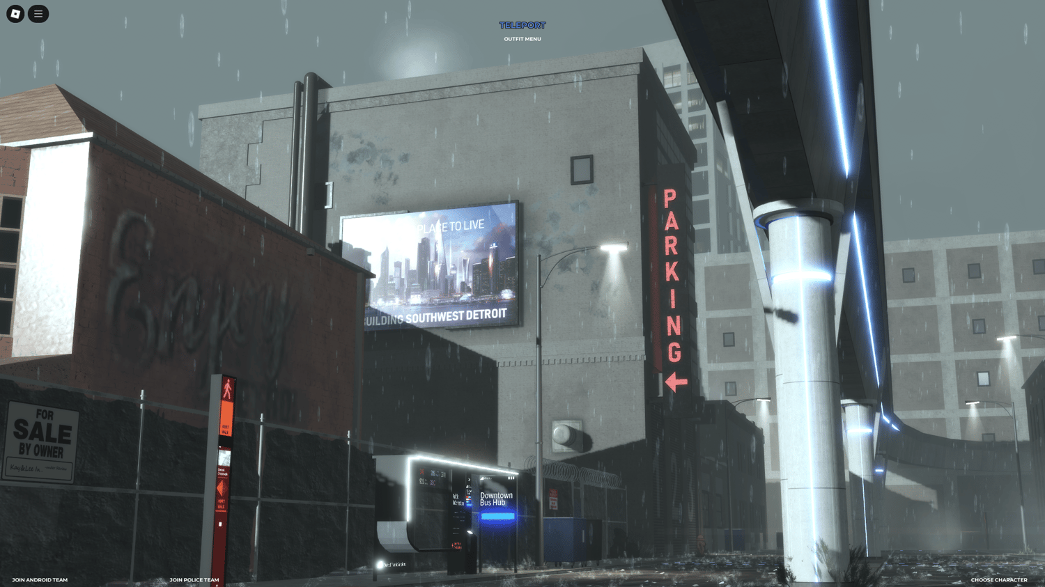 Player entering a glowing sci-fi club in Detroit map