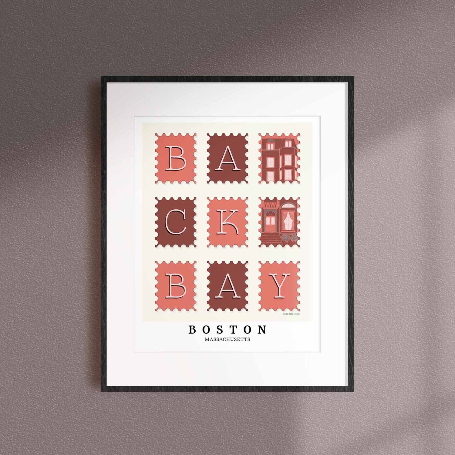 A framed picture of postage stamps featuring the Back Bay neighborhood in Boston, Massachusetts drawn in a unique lettering style. Artwork has a pink, burgundy and gray color scheme