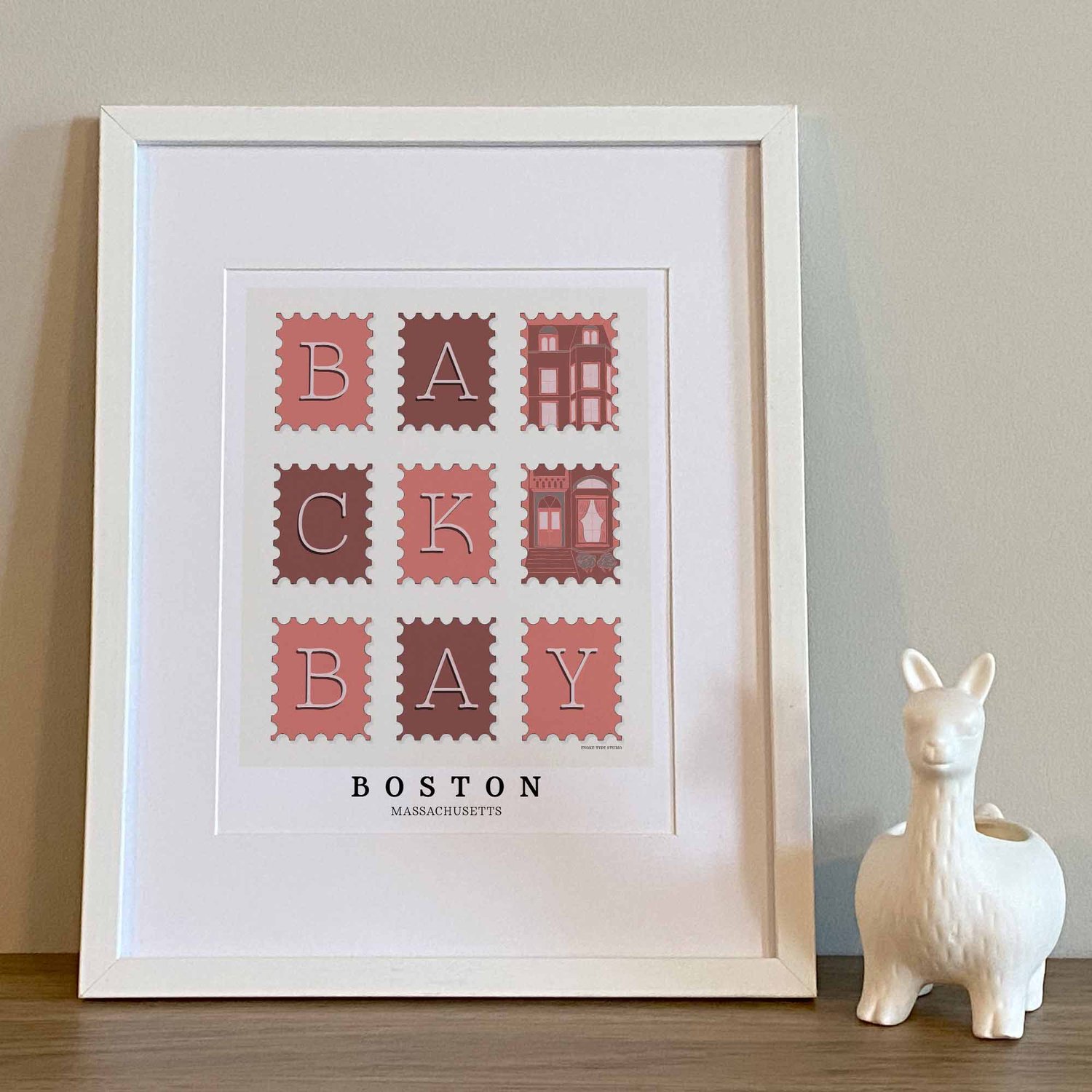 Hand-drawn Back Bay wall art featuring a postage stamp–style design with expressive lettering and a brownstone illustration.