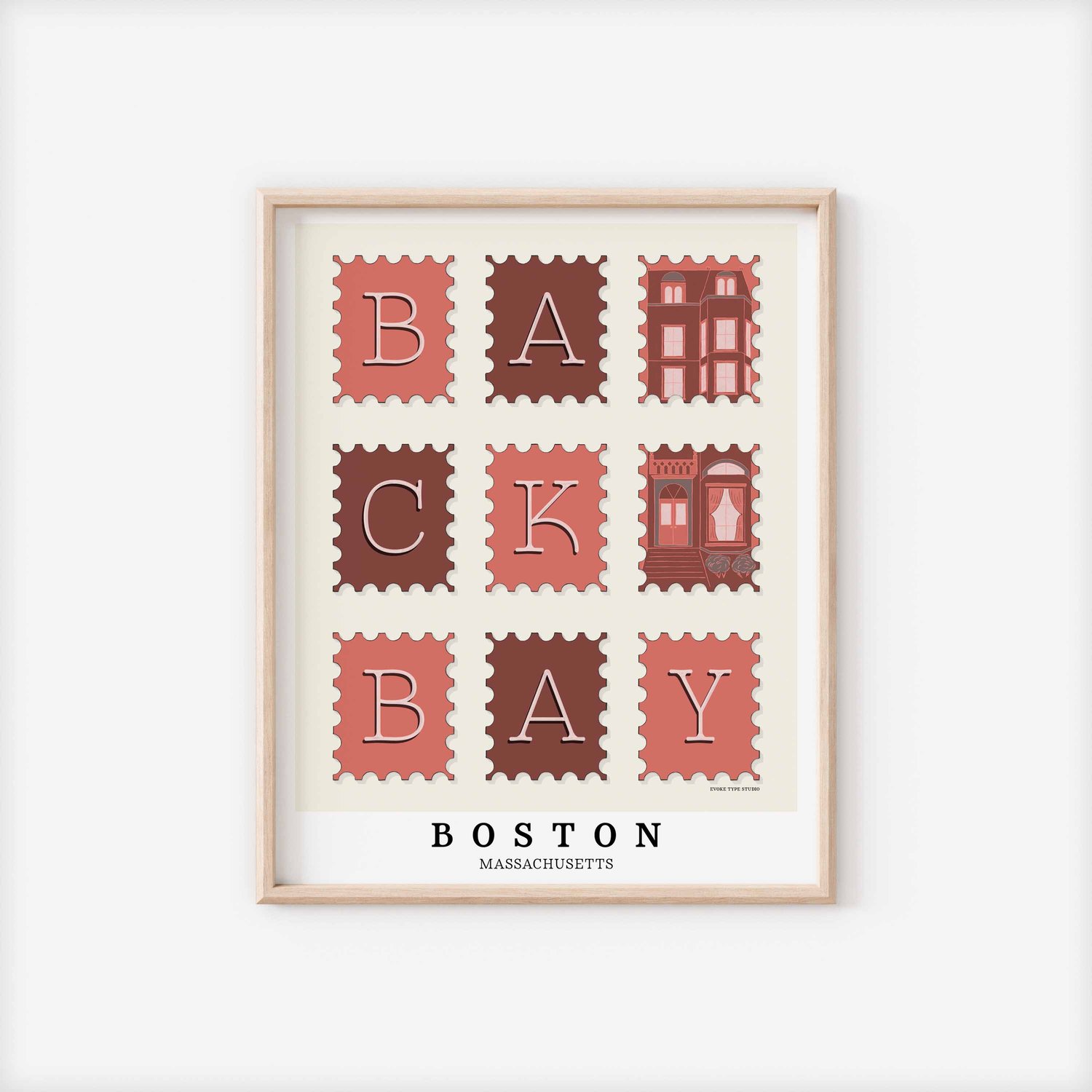 A framed picture of postage stamps featuring the Back Bay neighborhood in Boston, Massachusetts drawn in a unique lettering style. Artwork has a pink, burgundy and gray color scheme