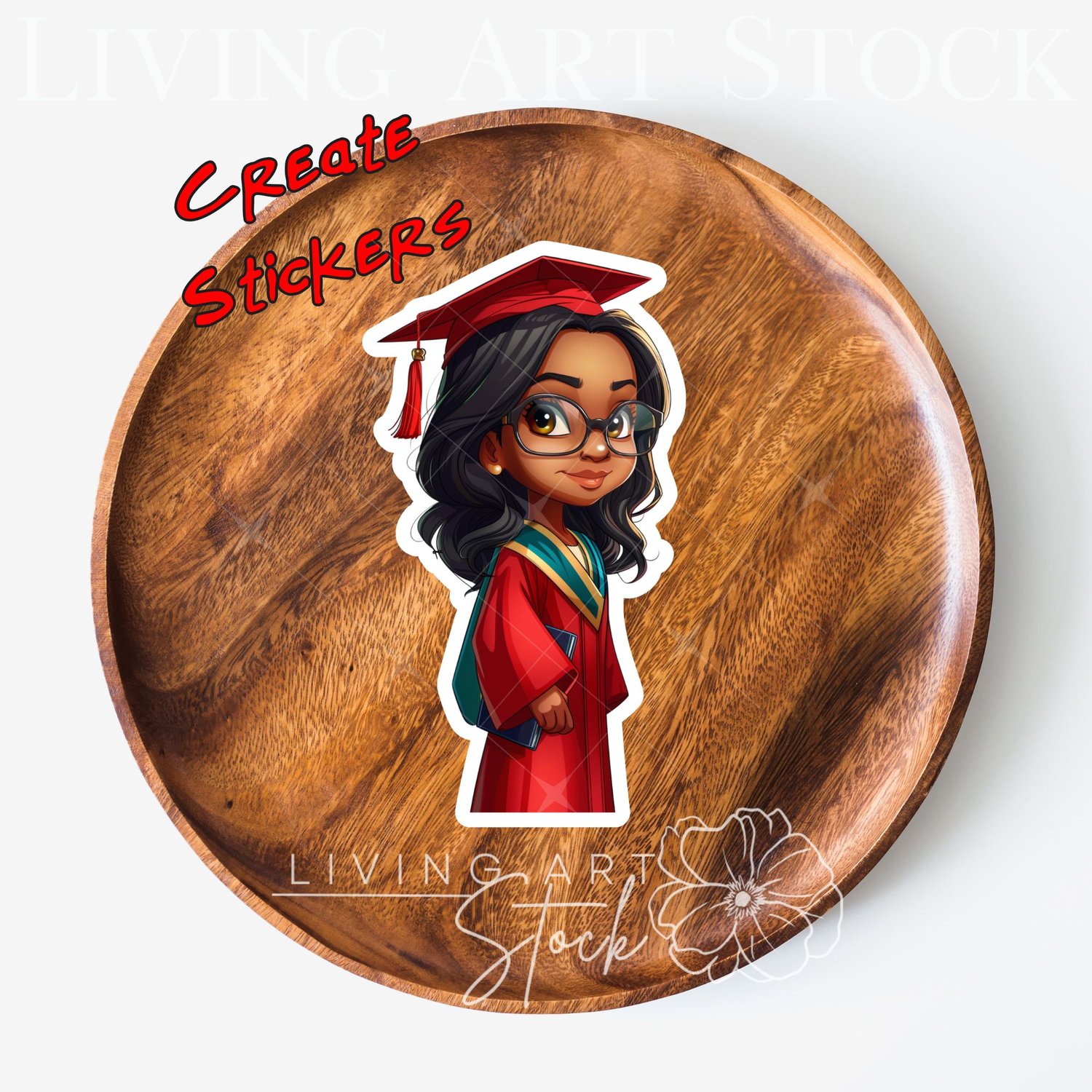 Brown chibi woman honors graduate, red cap and gown sticker design