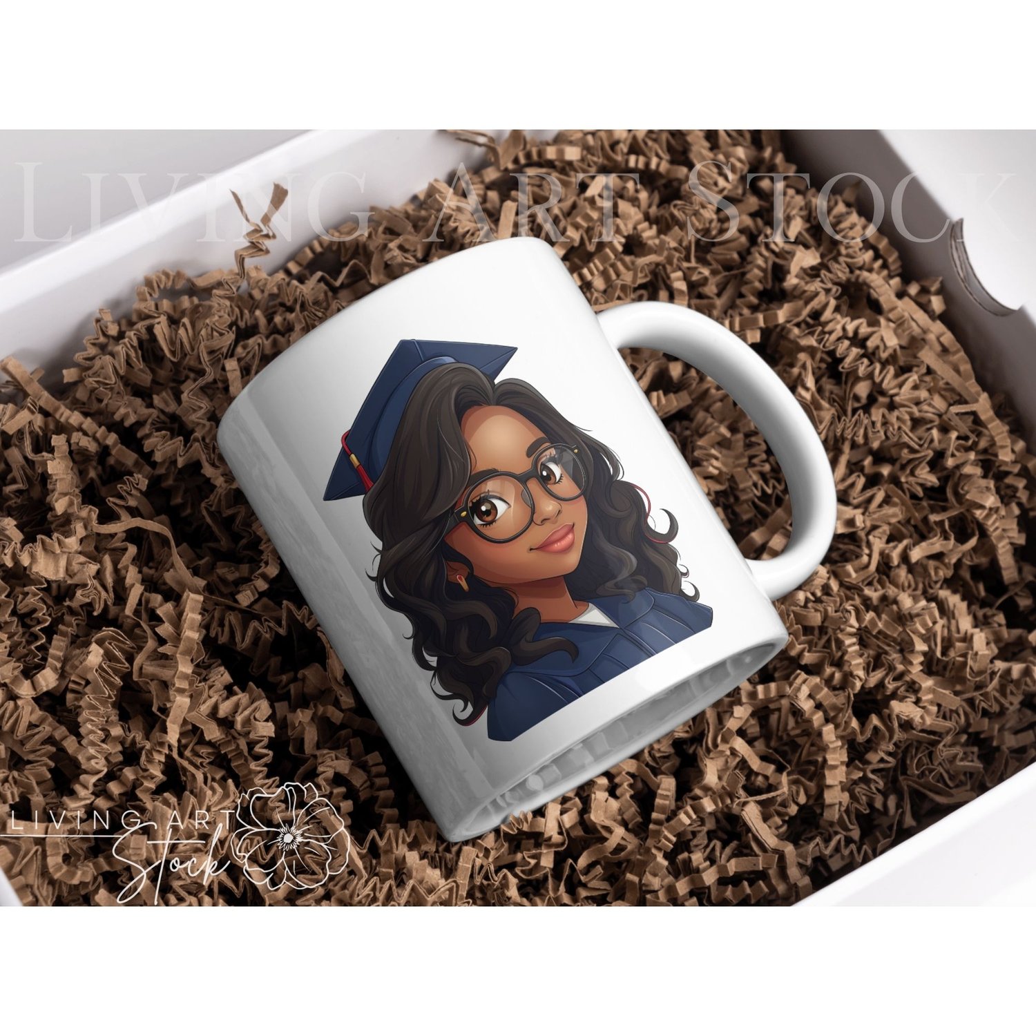 Black woman chibi graduate, blue cap and gown, Mug Design