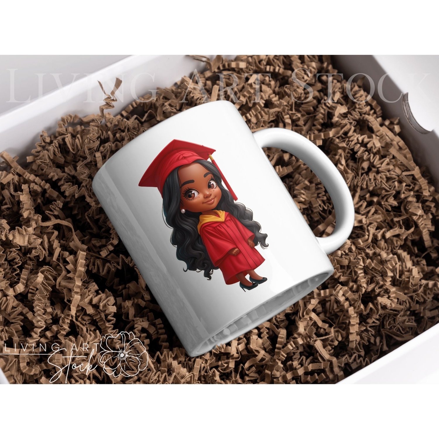 Black woman chibi graduate wearing red cap and gown, mug design