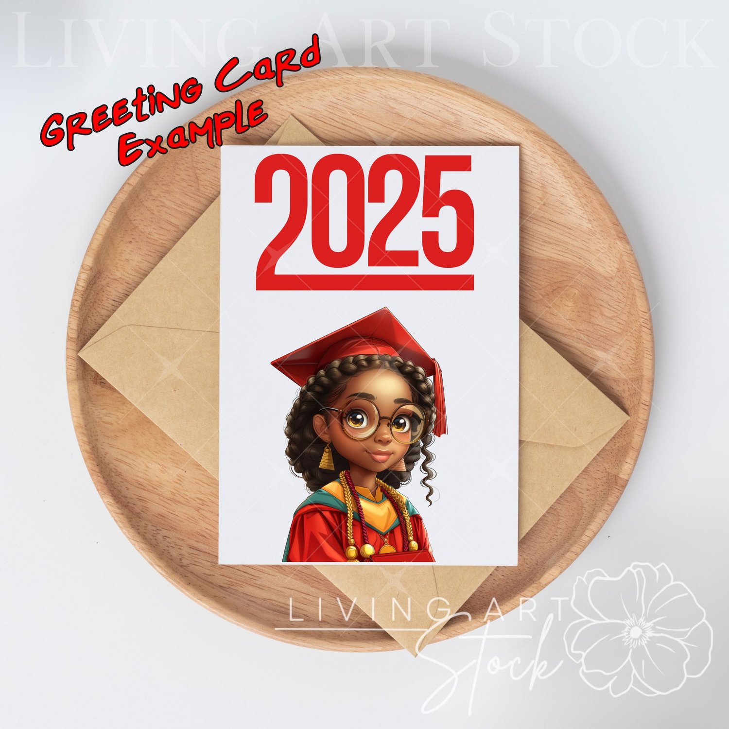 Black girl chibi graduate wearing red cap and gown greeting cardpng design