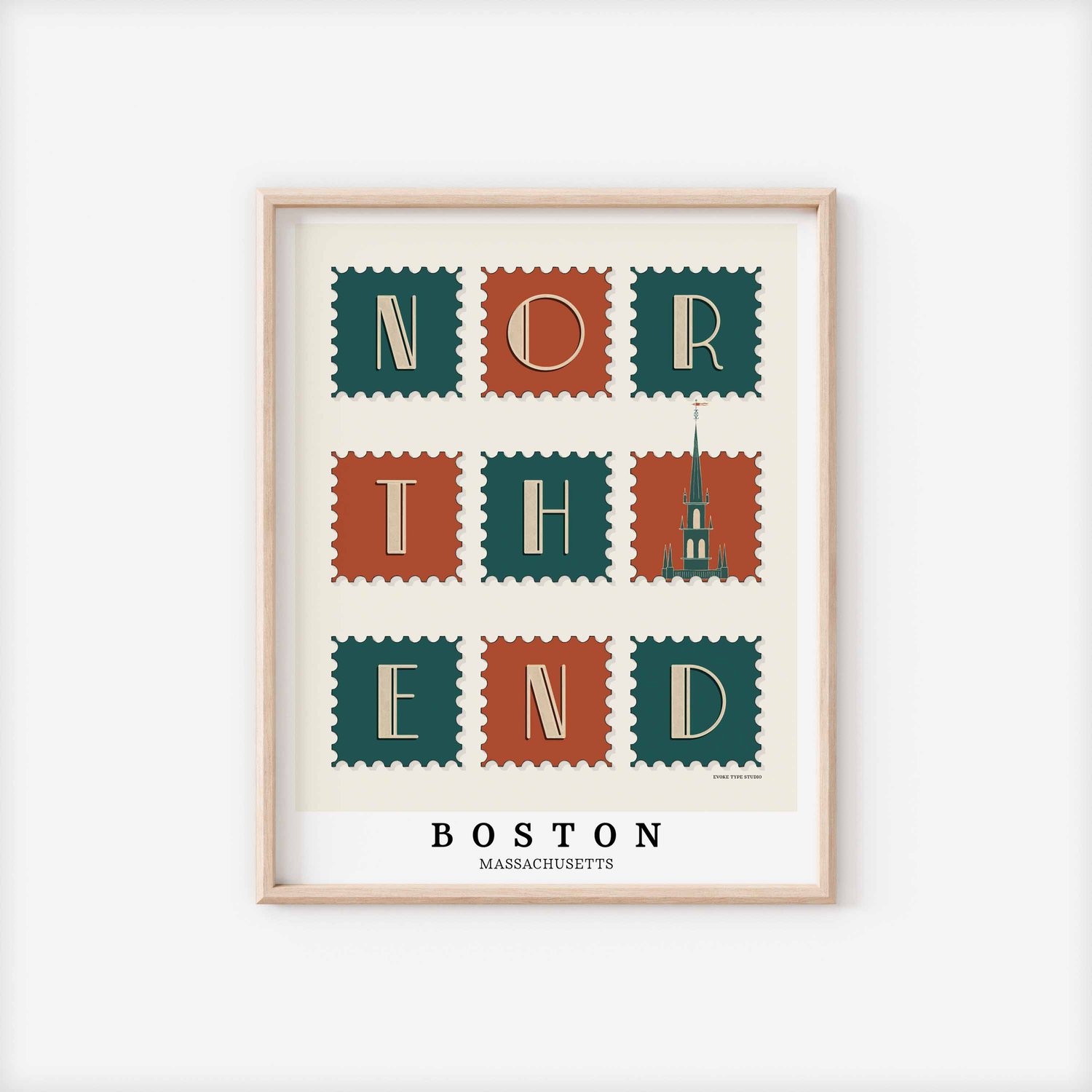 A framed picture of postage stamps featuring the North End neighborhood in Boston, Massachusetts drawn in a unique lettering style. Artwork has a orange, green and beige color scheme