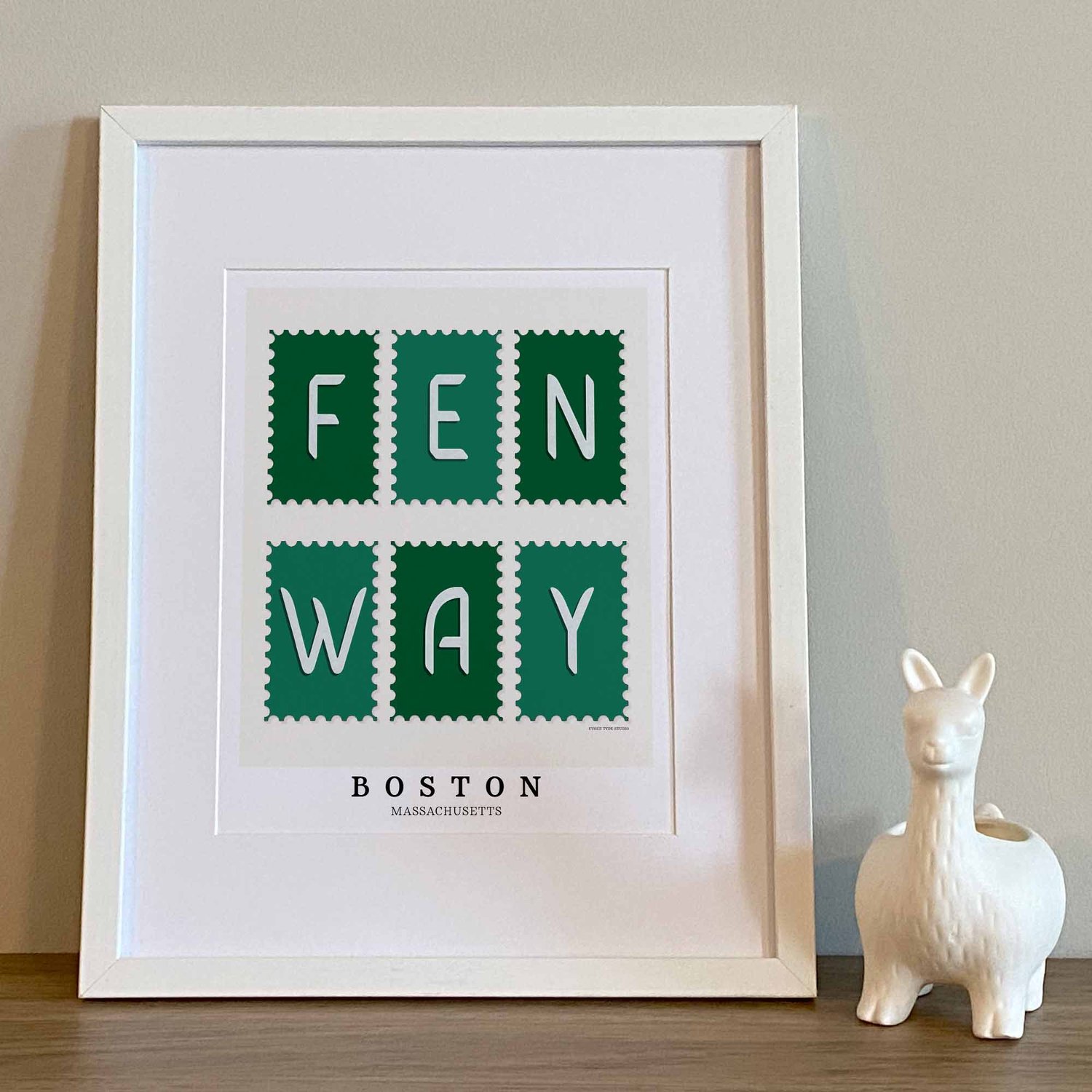 Boston wall art showcasing the Fenway neighborhood through hand-drawn typography in a green color palette.