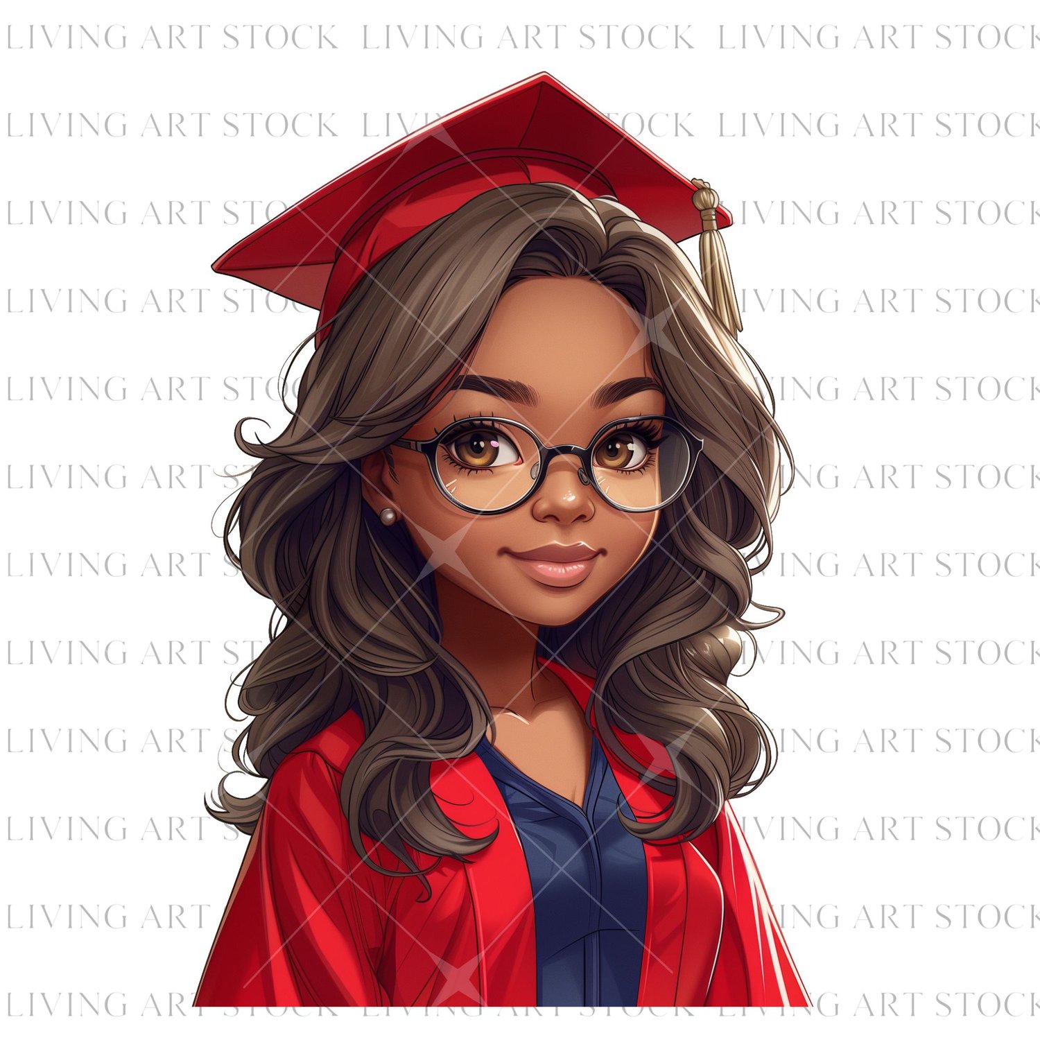 Black woman chibi graduation wearing red cap and gown Transparent PNG Design