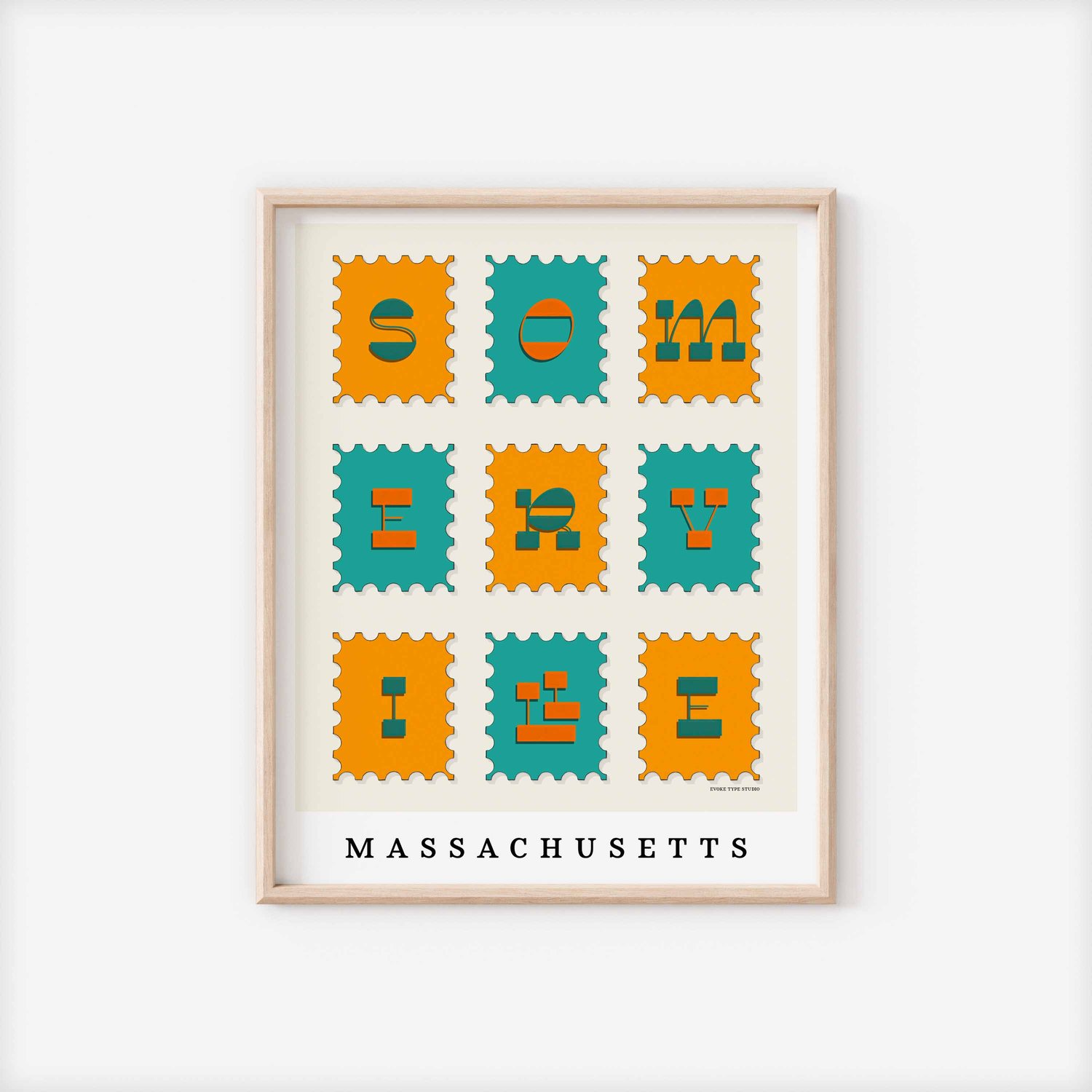 A framed picture of postage stamps featuring Somerville, Massachusetts drawn in a unique lettering style. Artwork has a blue and orange color scheme