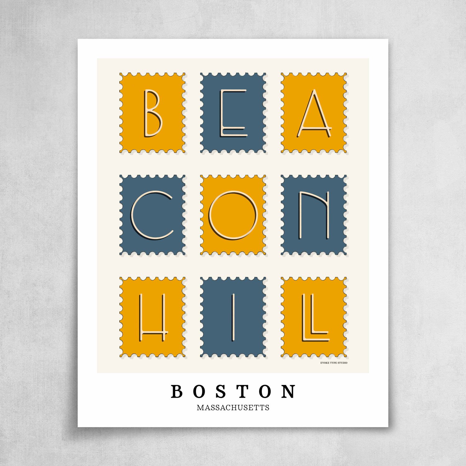 A collection of blue and yellow postage stamps featuring the Beacon Hill neighborhood in Boston, Massachusetts