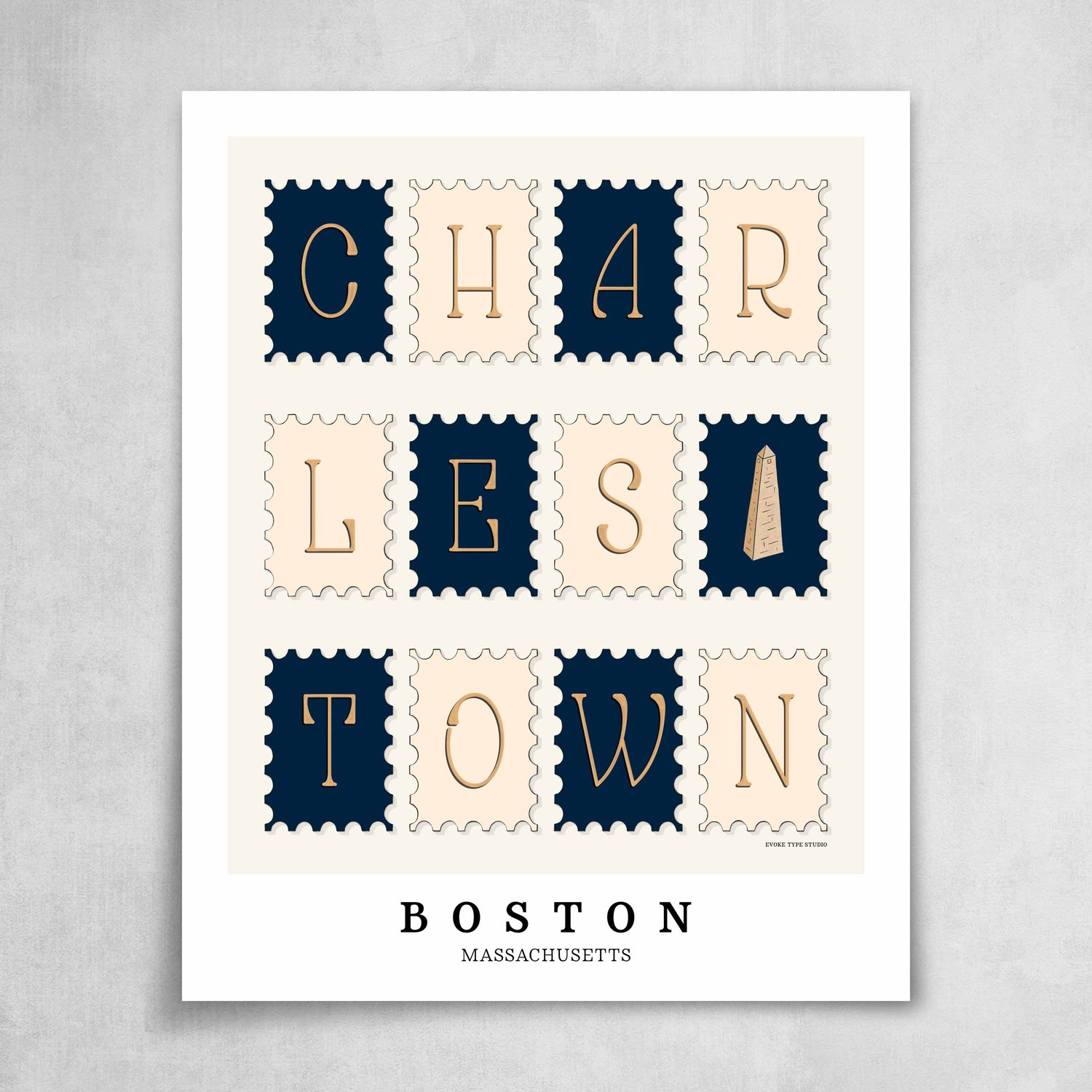 A collection of navy blue and beige postage stamps featuring the Charlestown neighborhood in Boston, Massachusetts