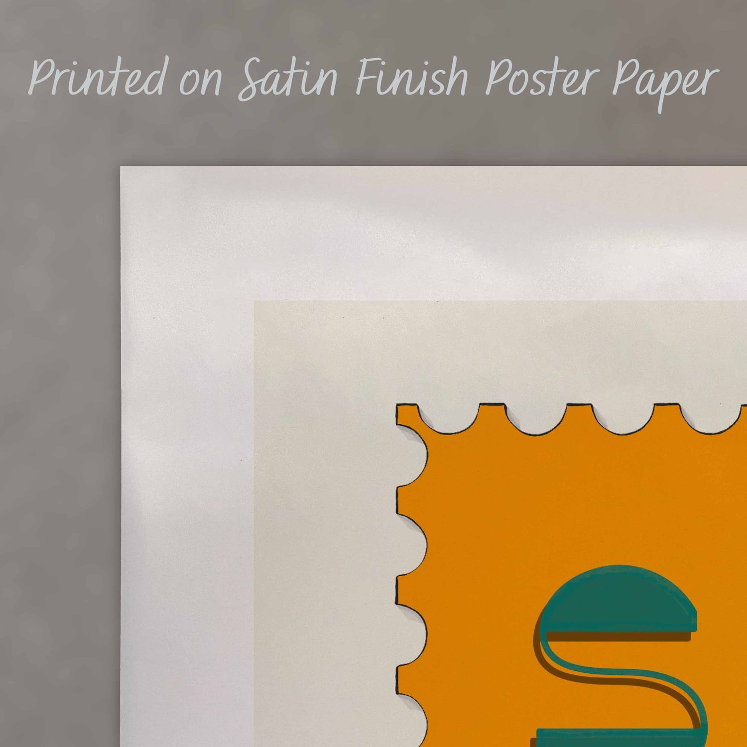 A close up of a poster with text saying “Printed on Satin Finish Poster Paper”