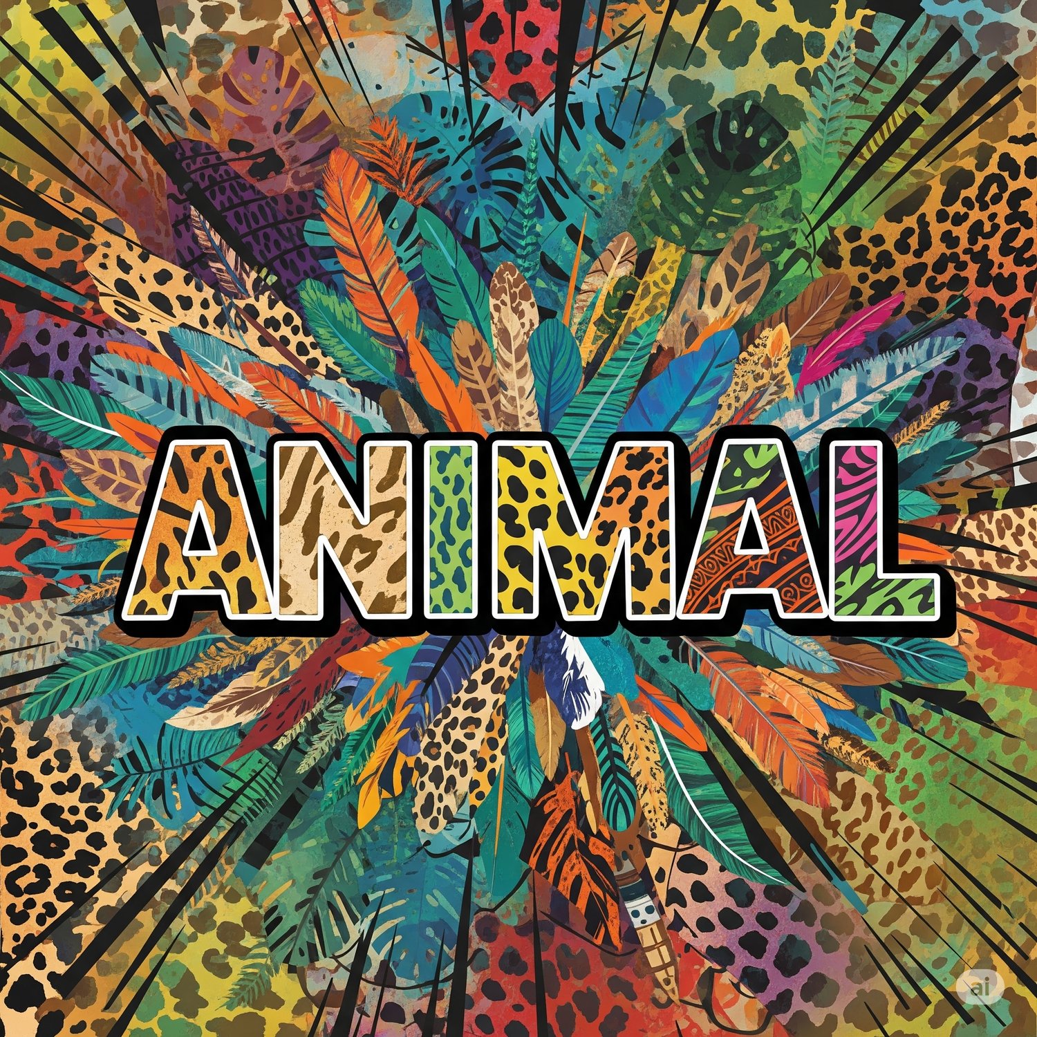 Stylized typography of the word 'animal' with a vibrant background featuring animal prints, jungle foliage, and diverse textures, reflecting the wild and powerful meaning of the word.