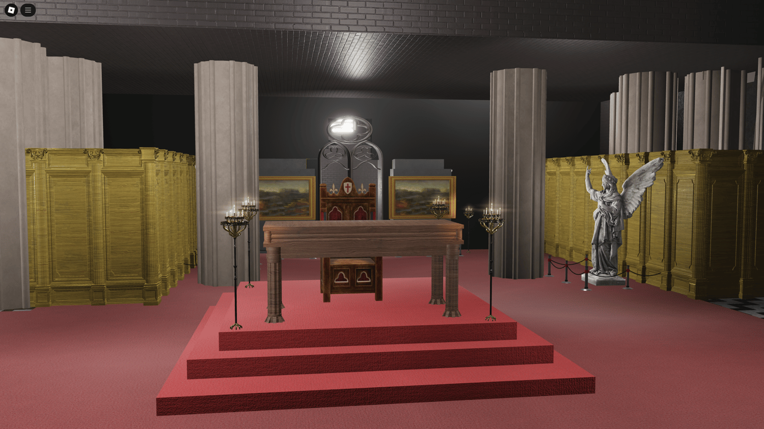 Ornate interior lighting showcasing the main hall and altar