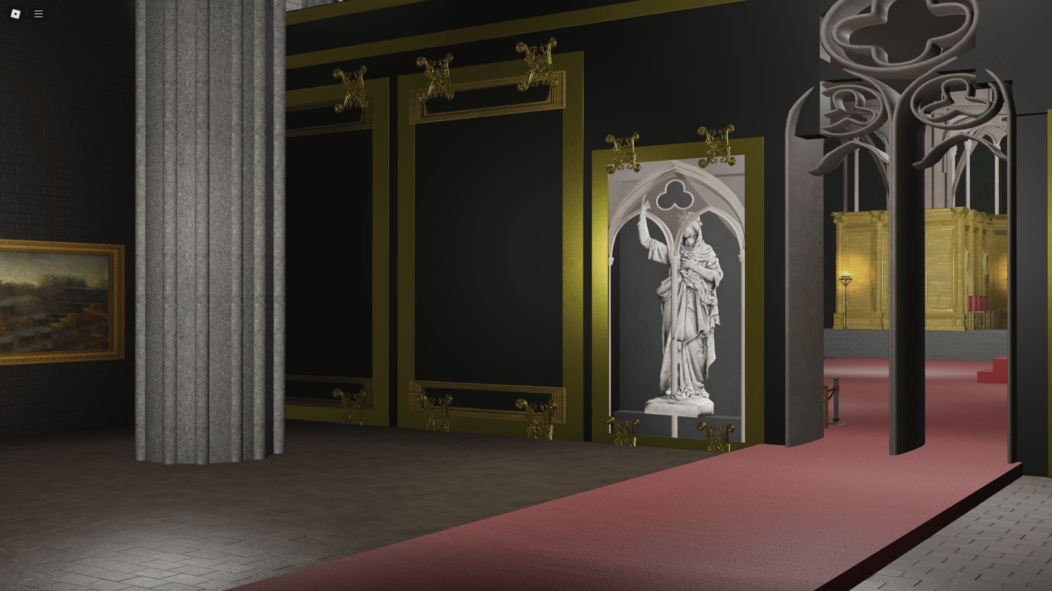 Detailed statues lining the interior walls and columns
