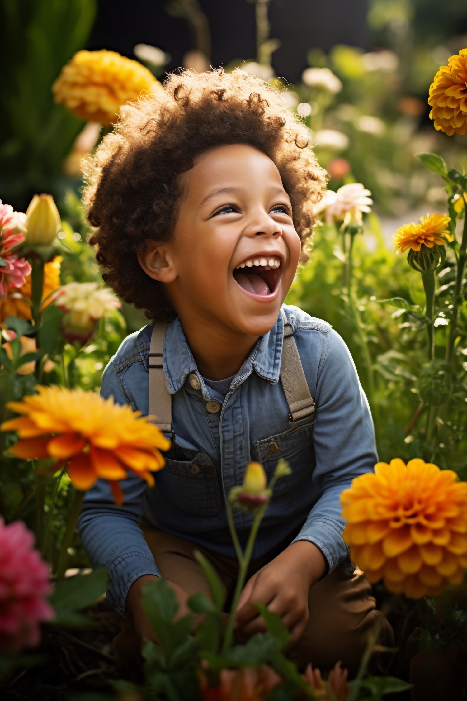 Young boy sitting in a field of  orange flowers