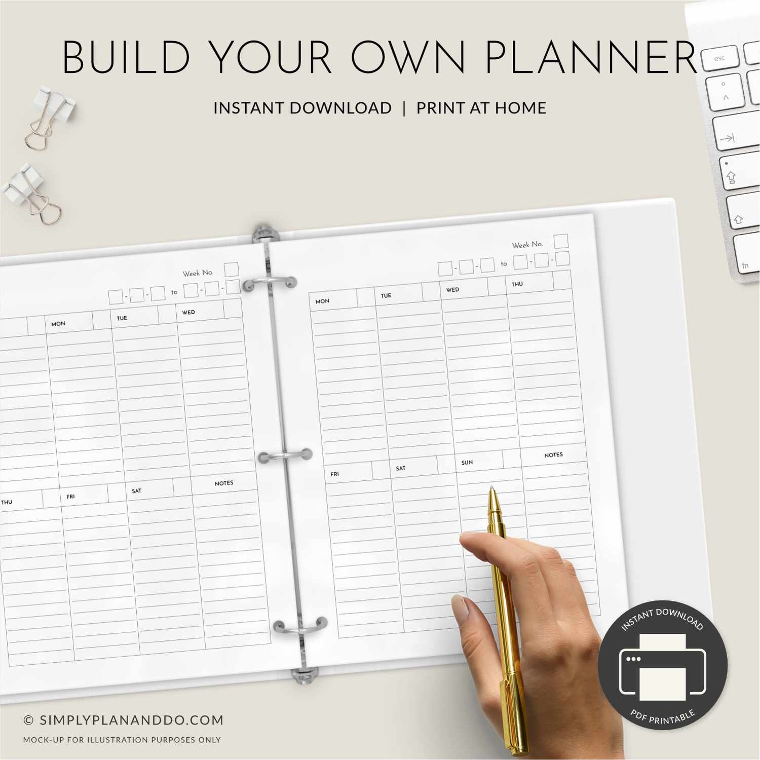 Undated Weekly Planner Printable - portrait, vertical, lined style