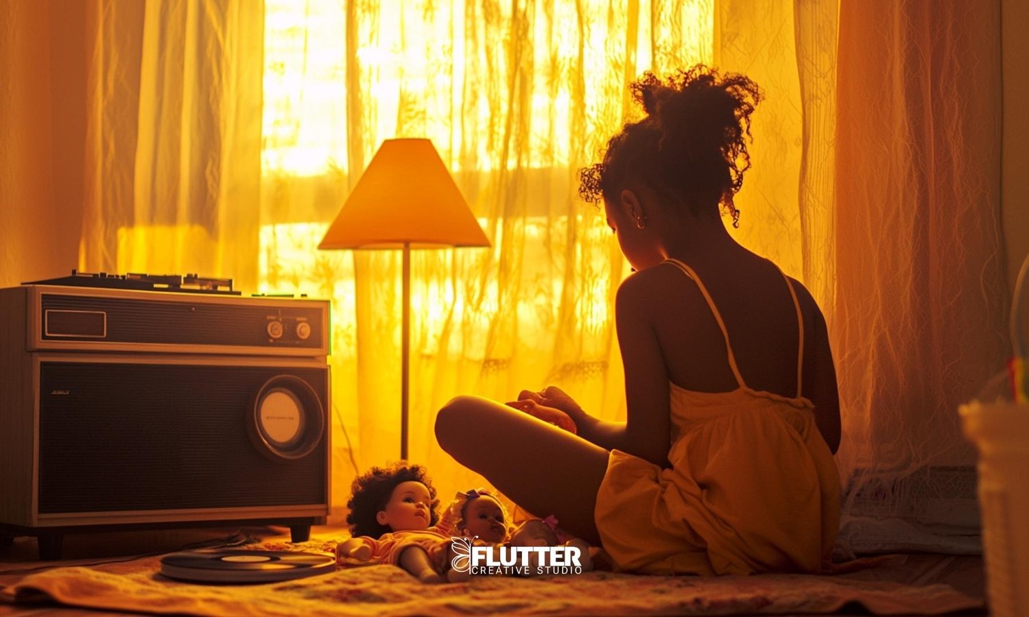 Young girl sitting on the floor playing with dolls beside a record player, bathed in golden light — capturing a nostalgic moment of musical influence and quiet creativity.