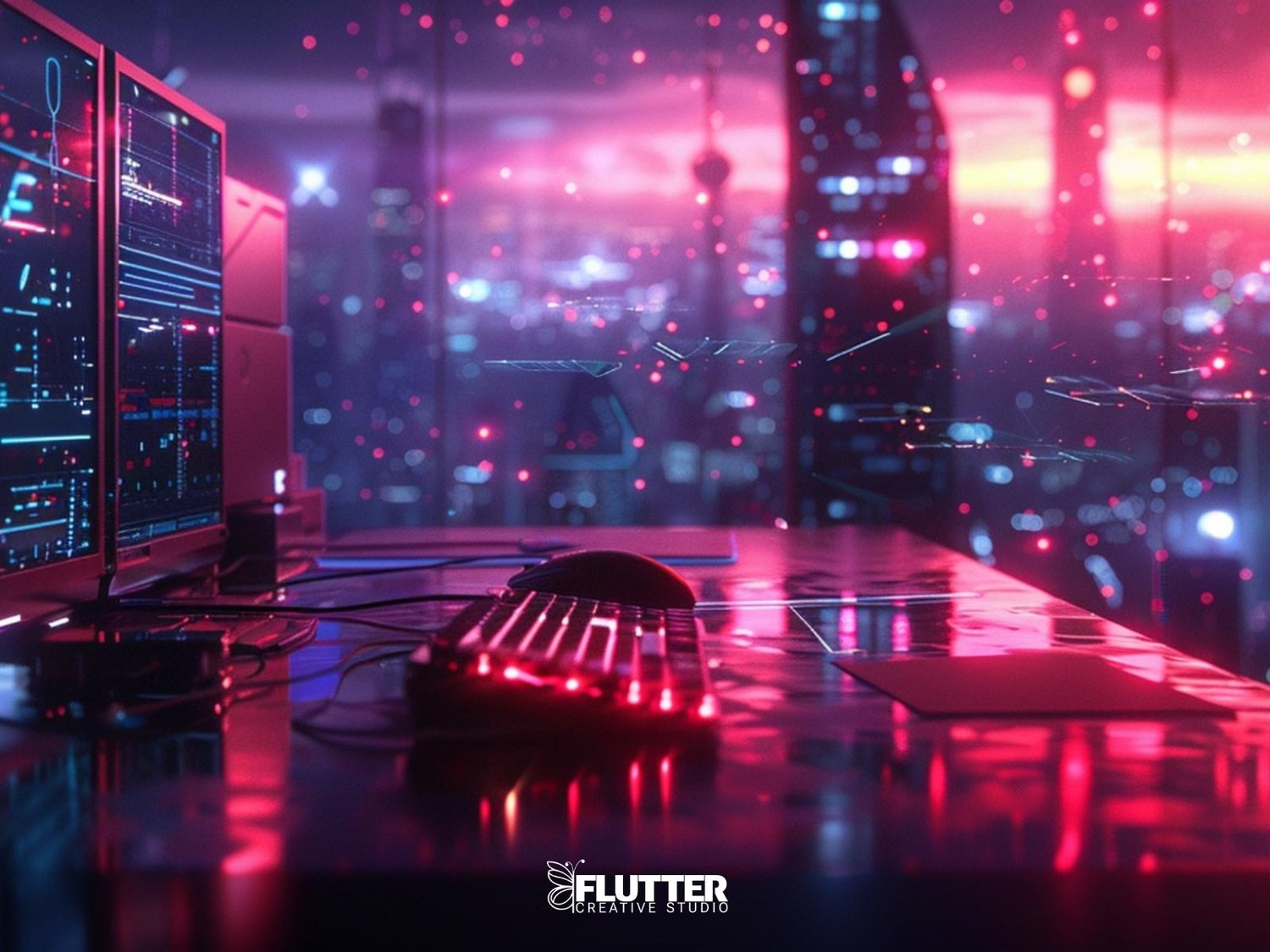 Futuristic digital workspace with glowing monitors, neon reflections, and a city skyline — symbolizing AI-powered creativity and visual storytelling.