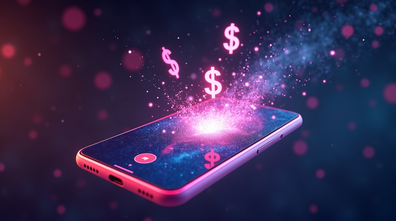 A surreal, glowing smartphone floats in outer space, playing a viral AI-generated art video. Neon '$$$' symbols burst from the screen, symbolizing profit potential. The background features a cyberpunk-inspired galaxy with holographic text reading 'EASY MONEY' and cinematic lighting. The scene blends futuristic technology with dreamlike visuals, perfect for promoting an AI art video tutorial or digital product.