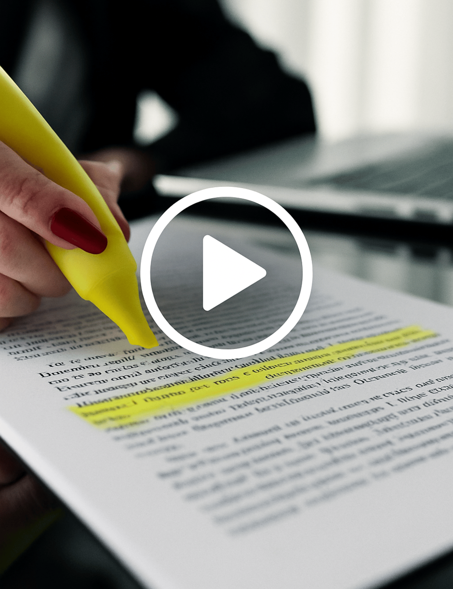 Close-up of a hand highlighting text in a document with a bright yellow marker, representing precise AI content editing and strategy planning.