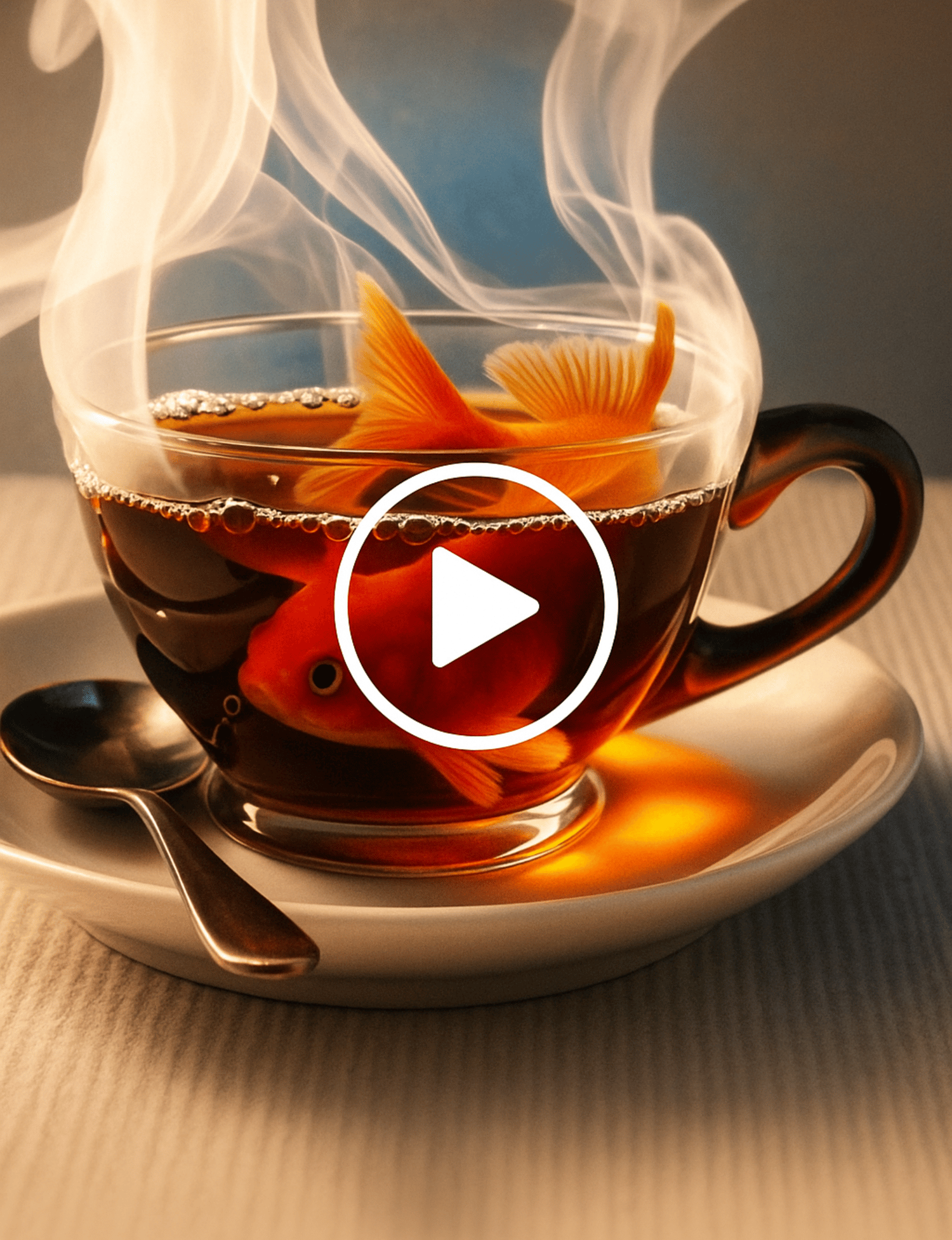 Stylized video thumbnail featuring a goldfish swimming in hot tea, used to symbolize unexpected viral moments in AI-powered marketing.