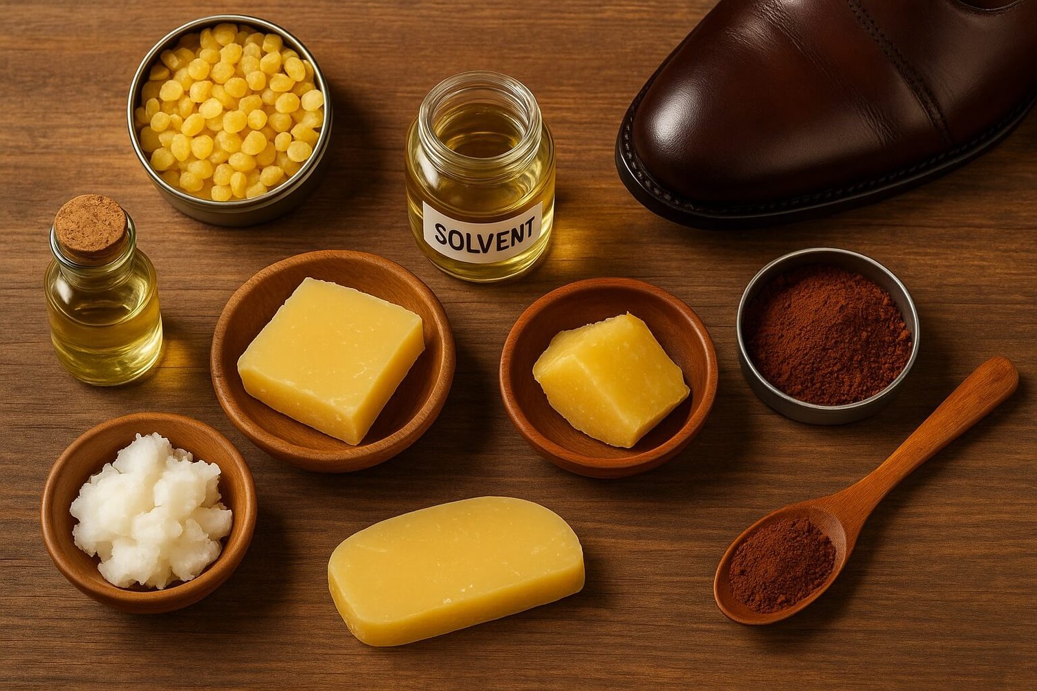 Natural shoe polish ingredients including waxes, oils, and pigments with a polished leather shoe in the background DIY formulation setup