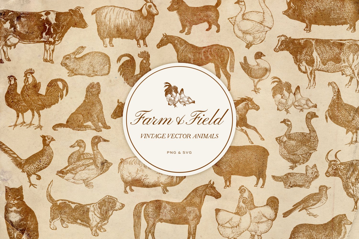 vintage vector farm and domestic animal graphic engravings