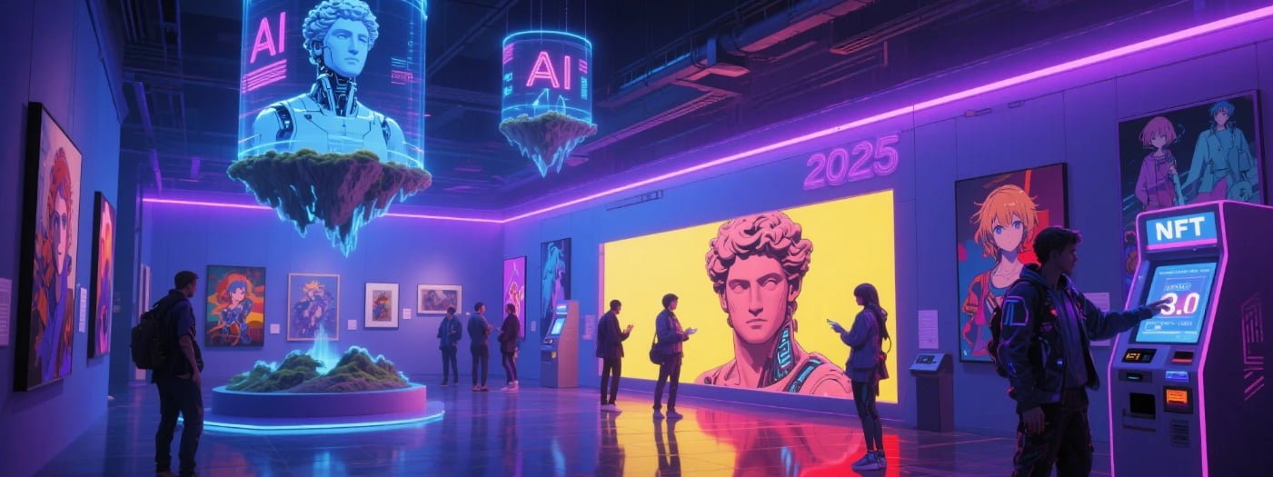 Futuristic art gallery showcasing top 2025 AI art trends like cyber portraits and neo-mythology