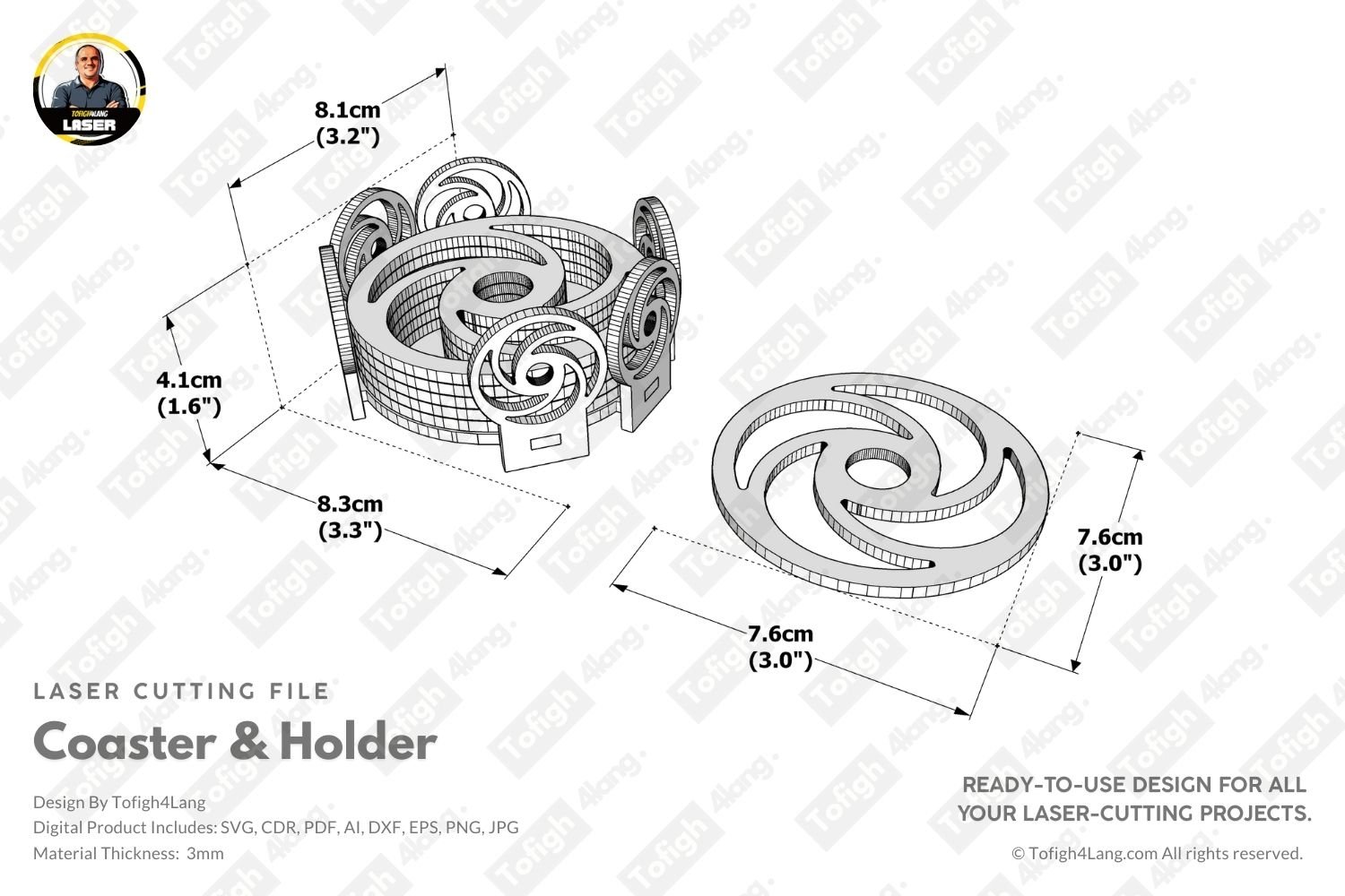 Modern Laser Cut Coaster Set with Holder | Geometric Design | Laser Cutting File | SVG