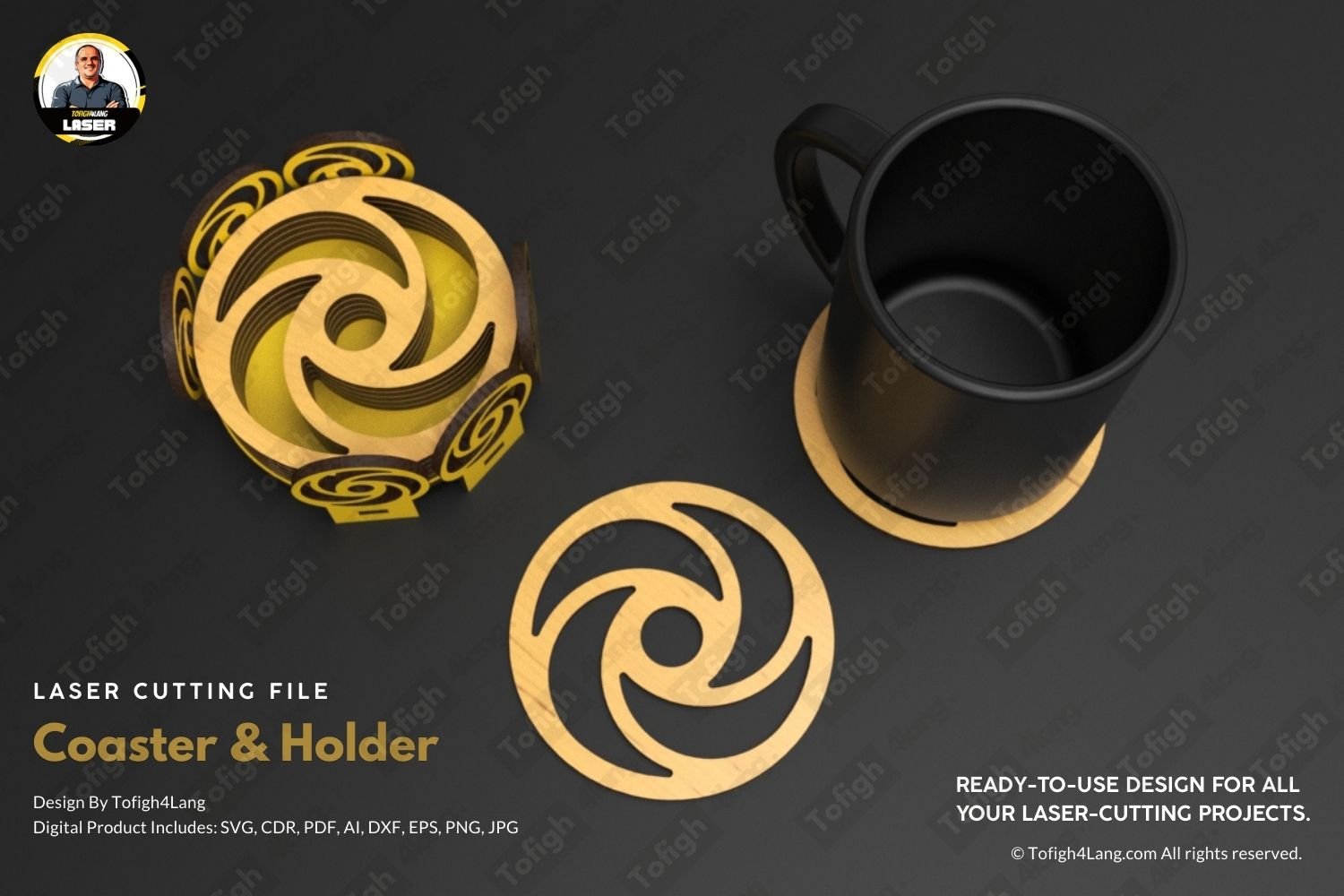 Modern Laser Cut Coaster Set with Holder | Geometric Design | Laser Cutting File | SVG