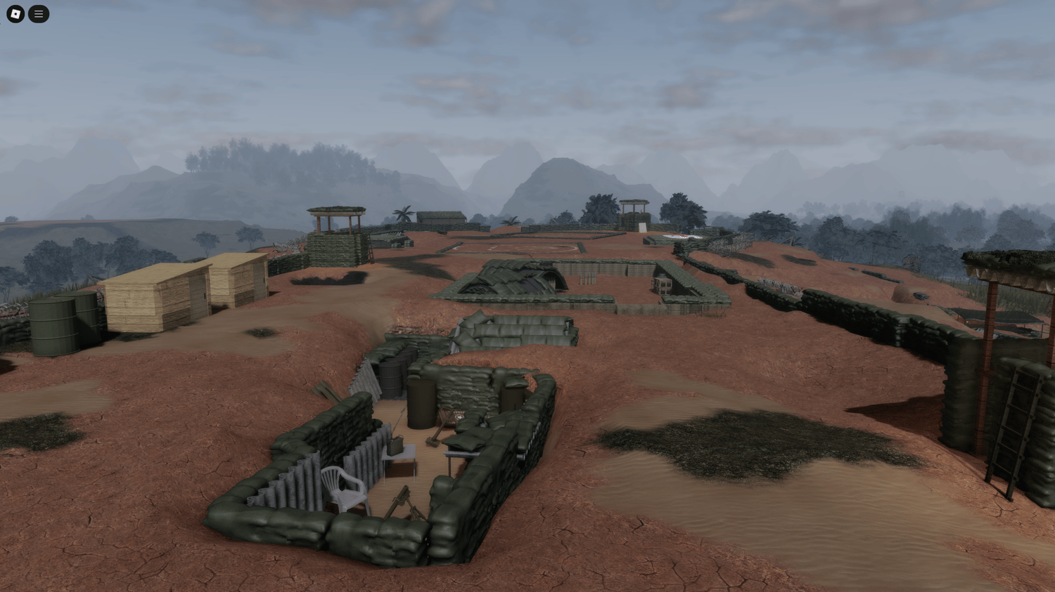 U.S. military fort on a hill overlooking dense jungle in Roblox