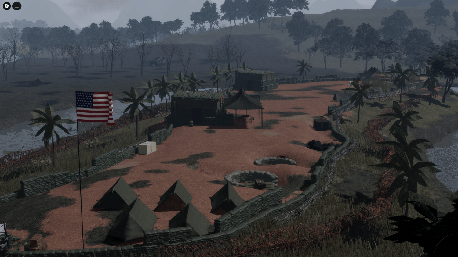 Overview of Roblox Vietnam jungle with detailed outposts and rivers