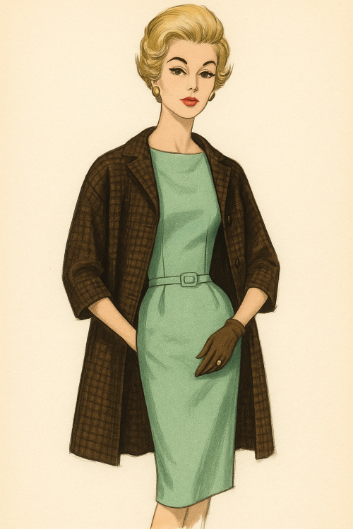 Vintage sewing pattern illustration of a confident woman in a mint green dress and dark brown coat, embodying timeless personal style.