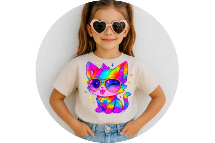 Colorful kids sublimation t-shirt design featuring a playful and vibrant graphic, perfect for children's apparel. Ideal for DIY heat transfer projects and custom printed shirts.