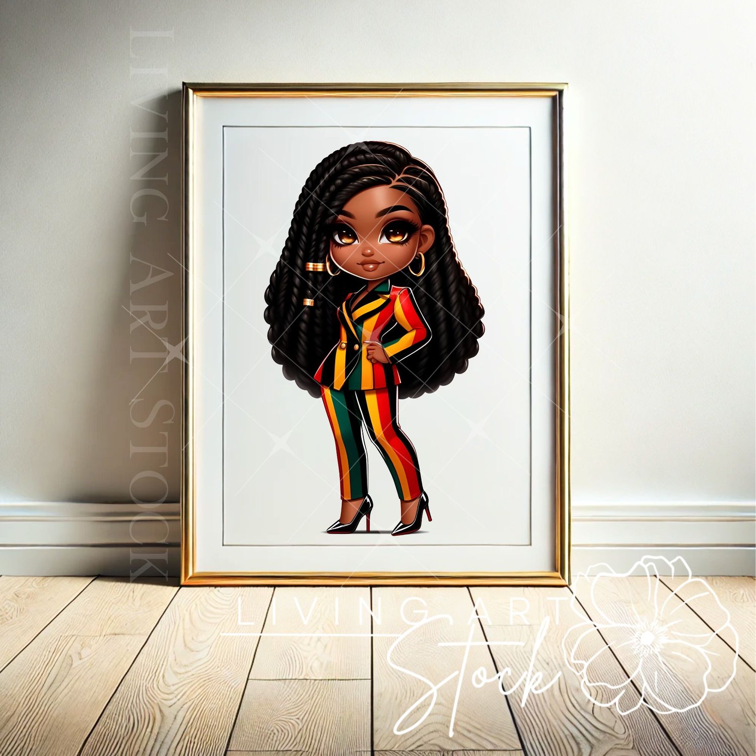 Black heritage chibi woman wearing a suit,  wall art