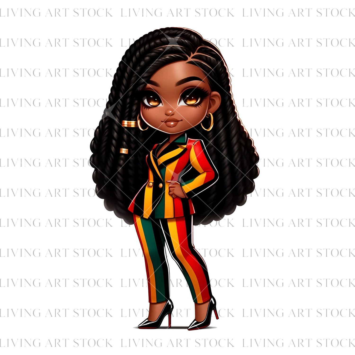 Black heritage chibi woman wearing a suit, PNG transparent Vector