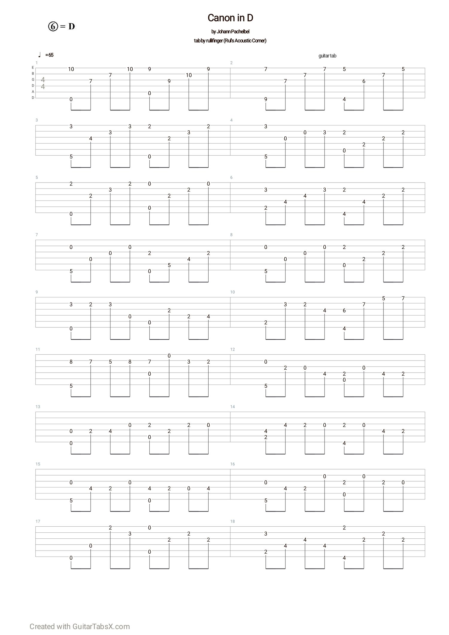 Canon in D - Johann Pachelbel Classical Guitar Tabs