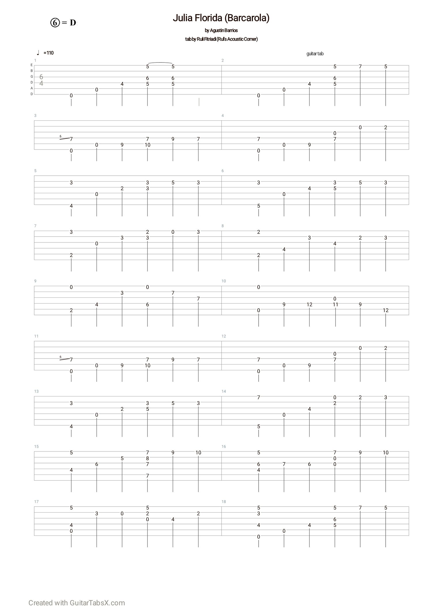 Agustin Barrios - Julia Florida Barcarola Classical Guitar Tabs