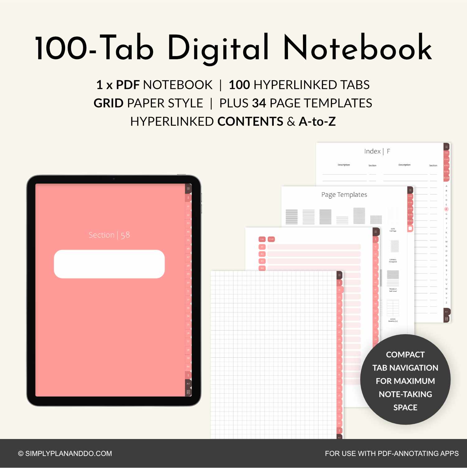 Tabbed Notebook.pdf 100-Tab Digital Notebook | Grid 'Paper' style | PDF with hyperlinked ...