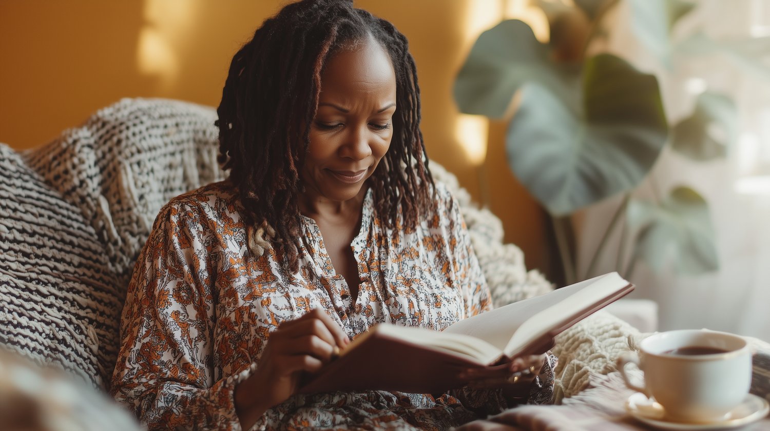 woman sitting quietly in a cozy space