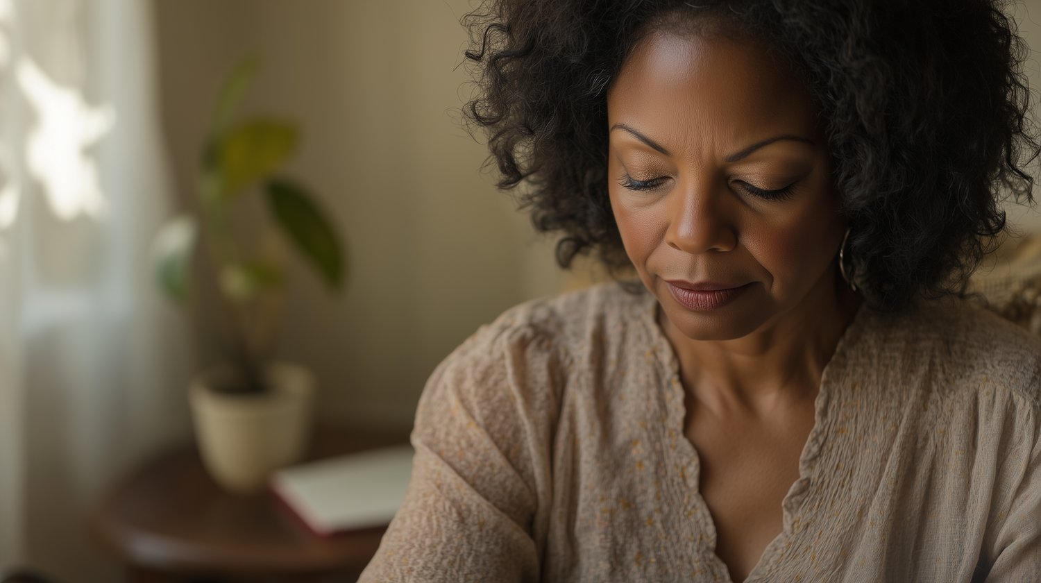 woman sitting at a desk preparing for a conversation