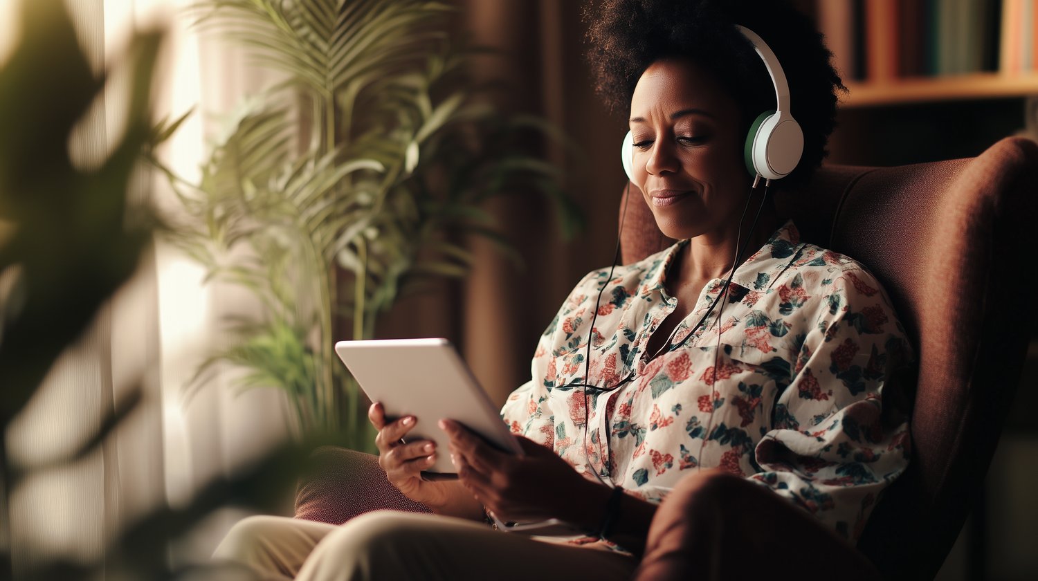 woman sitting in a cozy chair listening to her table